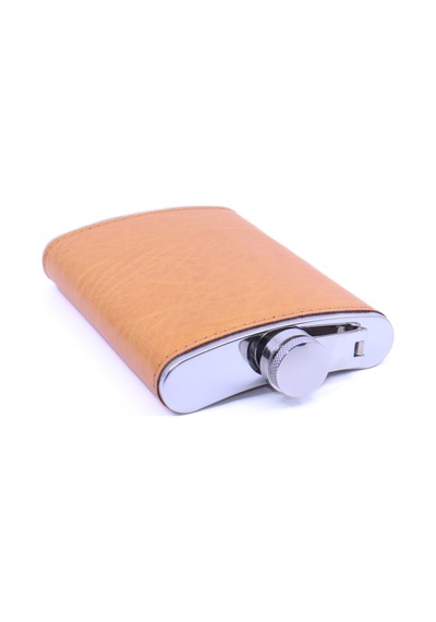 Turuncu Deri Kaplama Paslanmaz Çelik Cep Matarası - Hip Flask 9 Oz