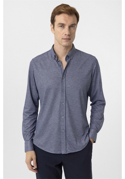 Süvari Lacivert Slim Fit Armürlü Düğmeli Yaka Gömlek-34584 Lacivert