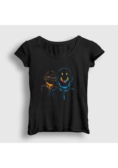 Presmono Kadın Hello Daft Punk T-shirt Siyah