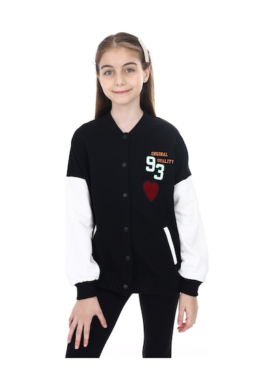 Toontoy Kız Çocuk Kolej Yaka Çıtçıt Kapama Cepli Düşük Omuz Baskılı Renk Bloklu Örme Hırka - 2 İplik Şardonlu Siyah