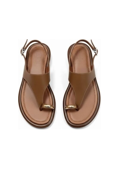 Ne&ve Shoes Taba Hakiki Deri Aksesuar Detaylı Parmak Arası Kadın Arkadan Tokalı Sandalet