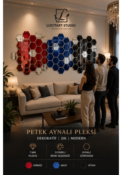 Lucitart 10 Adet Aynalı Pleksi Gümüş Petek Duvar Dekoru Kendinden Yapışkanlı Dekoratif Altıgen Ayna 10x11 - 15x17 - 20x23 Cm