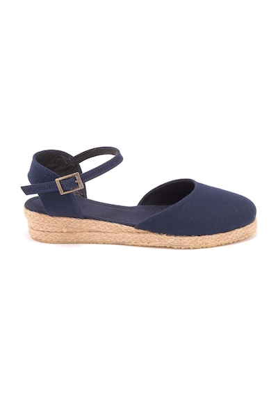 Star Tombis Gerçek Elişi Topuğu Açık Bilekten Bantlı 3cm Dolgu Topuk Keten Hasır Espadril Handmade Lacivert