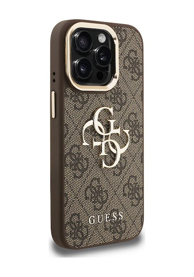Apple iPhone 15 Pro Max Uyumlu Kılıf Guess Lisanslı Metal 4g Ve Yazı Logolu Kamera Standlı Kapak Kahve