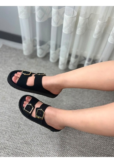 Asmi Shoes Kadın Eleni Siyah Süet Çift Tokalı Rahat Taban Terlik