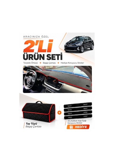 E-biz Kia Stonıc 2021-2025 Uyumlu Torpido Örtüsü + Tay Tüyü Bagaj Çantası - Siyah-kırmızı - Kı024