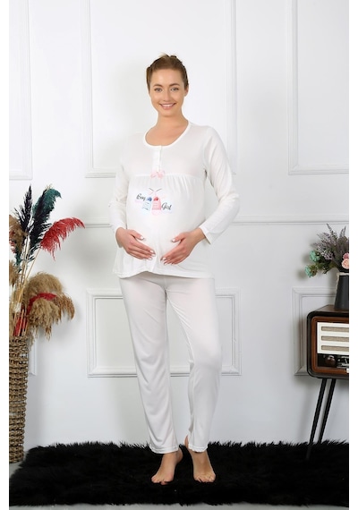 Akbeniz Kadın Uzun Kol Hamile Lohusa Pijama Takımı Ekru 45501-ekru