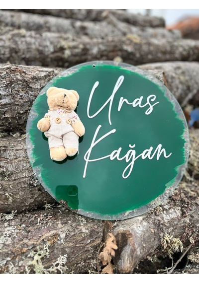 İsme Özel 30 Cm Şeffaf Pleksi Bebek Kapı Süsü Hastane Odası İçin Şık Tasarım Ayıcıklı Yeşil