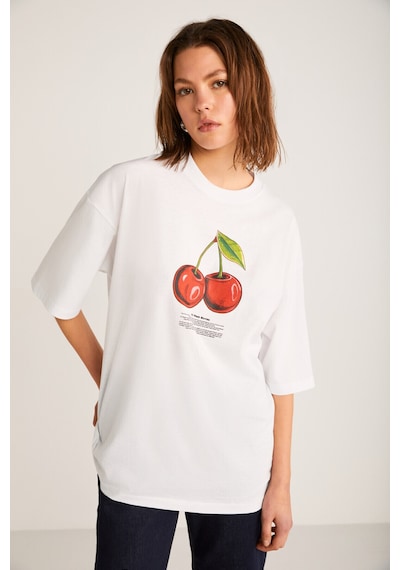 Grımelange Odalys Kadın %100 Organik Pamuklu Oversize Fit Bol Kesim Kiraz Baskılı Bisiklet Yaka Beyaz T-shirt