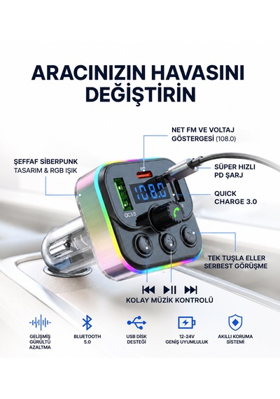 Bluetooth Araç Kiti Fm Transmitter Usb Type-c Pd Rgb Led Işıklı Flash Bellek Mp3 Çakmaklık Girişli