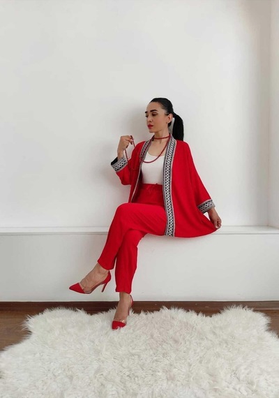 İpli Dar Nakışlı Kimono Takımı Siyah