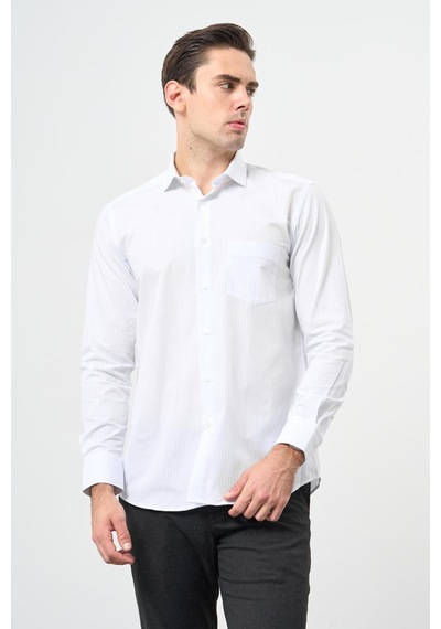 İmza Beyaz Uzun Kol Desen Yarım İtalyan Yaka Cepli Pamuklu Classic Comfort Fit Gömlek 1004245183 Beyaz