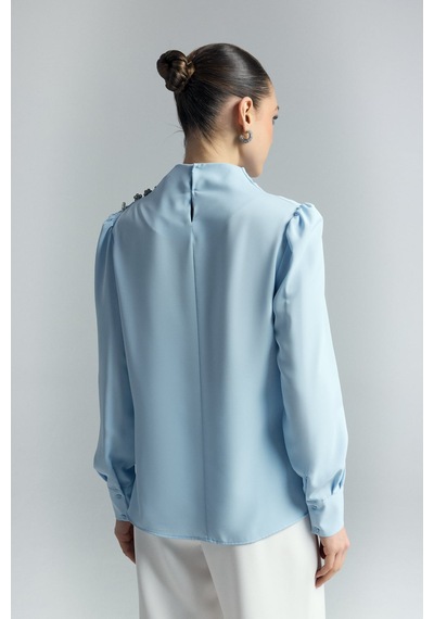 Düğmeleri Taş Detaylı Bluz - Mavi-136992