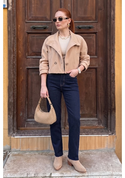 Lela Pamuklu Yüksek Bel Düz Paça Jeans Kadın Kot Pantolon 7031007 Koyu Mavi
