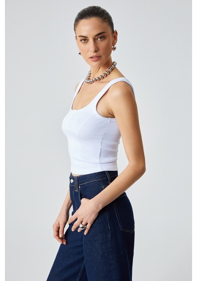 ETHIQUET A YONA Kadın Slim Fit U Yaka Beyaz Atlet
