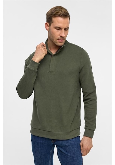 Süvari Haki Regular Düz Polo Yaka Sweatshirt Haki