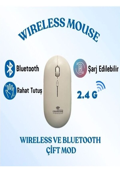Şarj Edilebilir Kablosuz Mouse Bluetooth + 2.4g Çift Mod -
