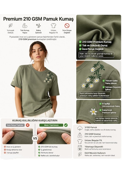 Yubistitch Tshirt Nakış İşlemeli Çiçek 6--yeşil
