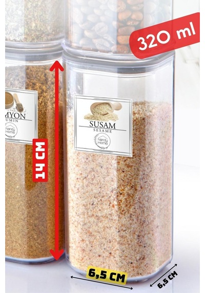Nandy Home 6 Adet 320ml. Kare Contalı Etiketli Baharat Saklama Kabı Şeffaf