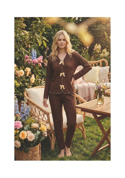 Rindahomewear Kahverengi Bürümcük Kumaş Fiyonk Detaylı Uzun Kollu Pijama Takımı Kahverengi Rindahomewear Kahverengi Bürümcük Kumaş Fiyonk Detaylı Uzun Kollu Pijama Takımı Kahverengi