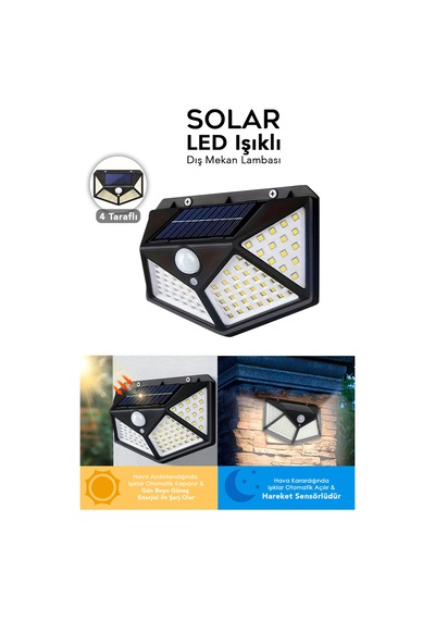 1 Adet Güneş Enerjili Duvar Lambası - Solar 100 Led Işık 3 Modlu Hareket Sensörlü Bahçe Aydınlatma Siyah