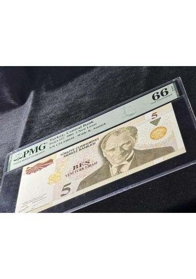 Yeni Türk Lirası Pmg 66 Epq Gem Unc Çil 5 Lira P 217 2005 S/n C34 8. Emisyon 1. Tertip