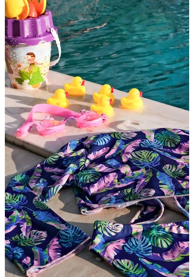 Mayom Kız Çocuk Yaprak Desenli Pareolu Bikini Takımı 3'lü Set-lacivert-pembe Lacivert - Pembe Mayom Kız Çocuk Yaprak Desenli Pareolu Bikini Takımı 3'lü Set-lacivert-pembe Lacivert - Pembe