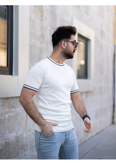 Erkek Triko Tişört Beyaz Beyaz - Siyah