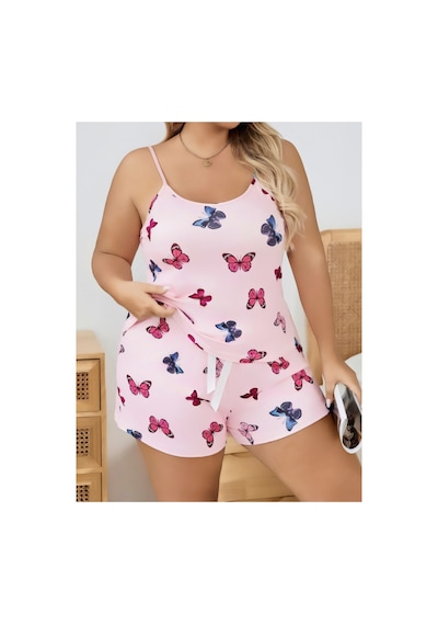 Lily Bianca Nightwear Çilek Desenli Askılı Ve Şortlu Büyük Beden Penye Gecelik Beyaz