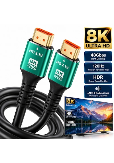 Alfais 6122 Hdmi 2.1 8k Ultra Hd Kablo 2 Metre 48gbps 4k 120hz Altın Uçlu Kablo Led Tv