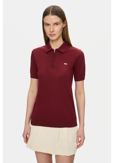 Ucla Ashera Bordo Polo Yaka Half Zip Triko Nakışlı %100 Pamuk Standard Fit Kadın Tshirt