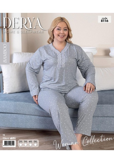 Derya Kadın Büyük Beden Dantel Yaka Bambu Uzun Kol İnce Pijama Takımı 8116g - 1 Adet Gri