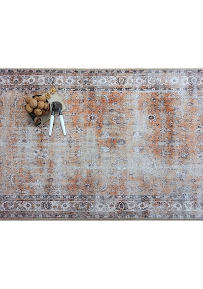 Solgun Turuncu Ve Krem Eskitme Çiçekli Vintage Halı - Al159ou
