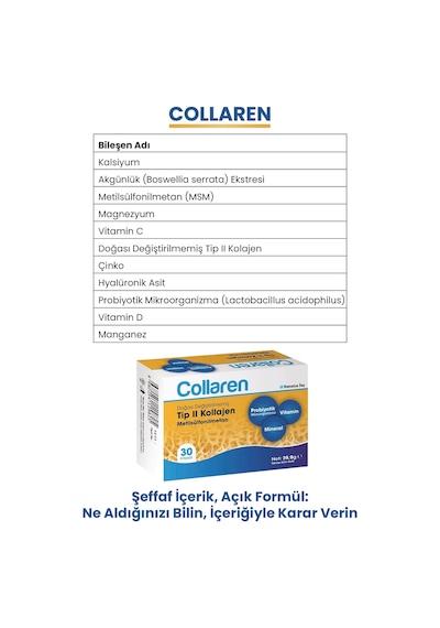 Doğası Değiştirilmemiş Tip Iı Kolajen, Metilsülfonilmetan Msm , Probiyotik Mikroorganizma, Vitamin Ve Mineral İ