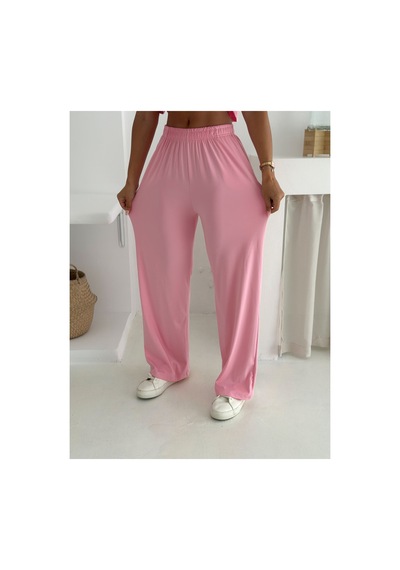 Gugus Yazlık Takım - Alt Üst Kadın Dokulu Kumaş -baggy Pantolon + Salaş Üst Pembe