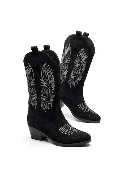 V.s.h Velvet Sara Kadın Western Basklılı Siyah Kovboy Çizme -2554