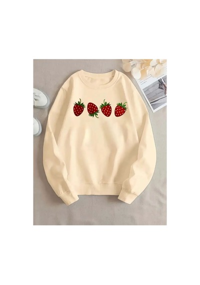Herkesemoda Çilek Baskılı Bisiklet Yaka İçi Polarlı Sweatshirt Bej