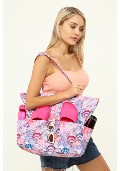 İcone Bag Kadın Çantası, Fonksiyonel Baskılı Plaj Çanta, Beach Bag, Karpuz Tropical Desenli Fermuarlı Çanta Mavi - Kırmızı