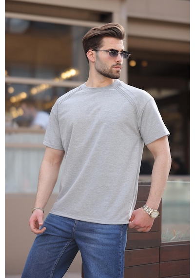 Madmext Gri Bisiklet Yaka Basic Erkek T-shirt E7138 Gri