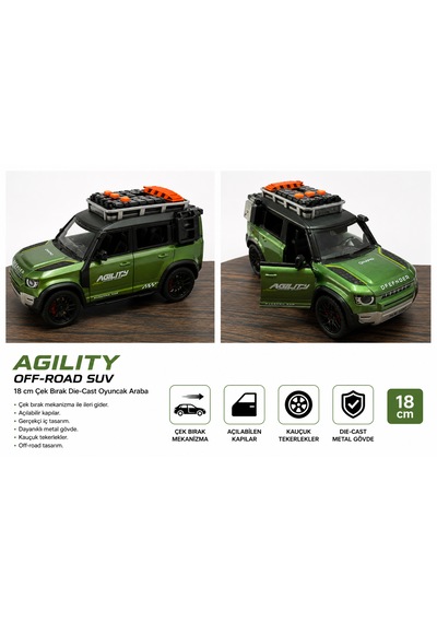 Vardem 18 Cm Die-cast Off-road Suv Çek Bırak Metal Oyuncak Araba Açılabilir Kapılı Yeşil Jeep Modeli Su Yeşili