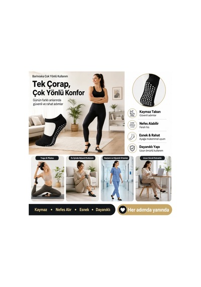 Womanandkids Wak Kaymaz Taban 3'lü Yoga Ve Pilates Çorabı Siyah Kadın, Silikon Tabanlı Nefes Alabilir Bilek Bantl