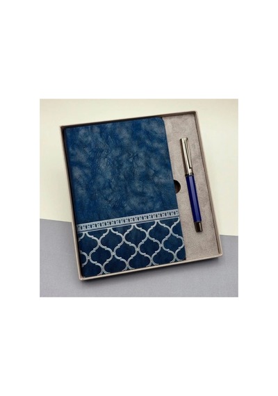 Herşeytrend Kutulu Desenli Deri Defter Ve Metal Roller Kalem Set Çok Renkli