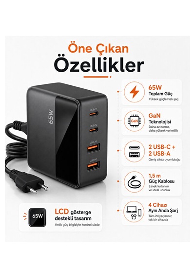 65w Gan Masaüstü Şarj Cihazı 4 Port 2 Usb-c 2 Usb-a Lcd Göstergeli