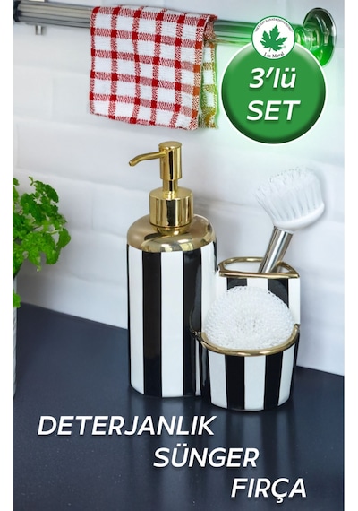 Çizgi Desenli Lüks Porselen Fırçalı Süngerli Mutfak Sıvı Sabunluk Bulaşık Deterjanlık 400ml Diğer
