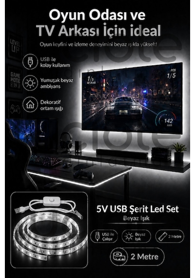 5v Usb Şerit Led 2 Metre Beyaz Işık Anahtarlı Powerbank Uyumlu Dolap Altı Tv Masa Led