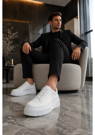 Mevese Dlob Erkek Bağcıklı Cilt Günlük Casual Spor Sneaker Ayakkabı - Beyaz