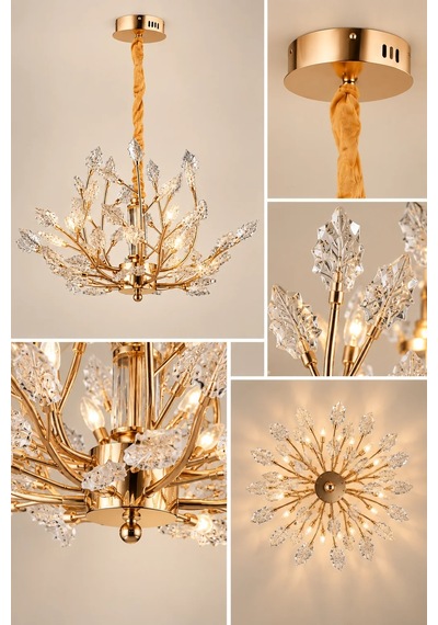 Modern Premium Sarmaşık Yaprak Detaylı Gold Led Avize Salon Yemek Odası Sarkıt Avize 28w