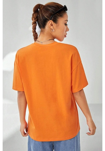 Unisex Be Happy Baskılı Oversize Tshirt Turuncu