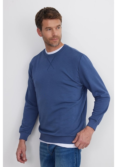 Tudors Unisex Relax Fit Rahat Kesim %100 Pamuk 3 İplik Basic İndigo Bisiklet Yaka Sweatshirt-35152 İndigo
