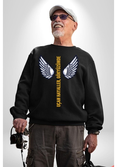Uçan Hayaller Gökyüzünde Melek Kanatları Unisex Siyah Sweatshirt Siyah